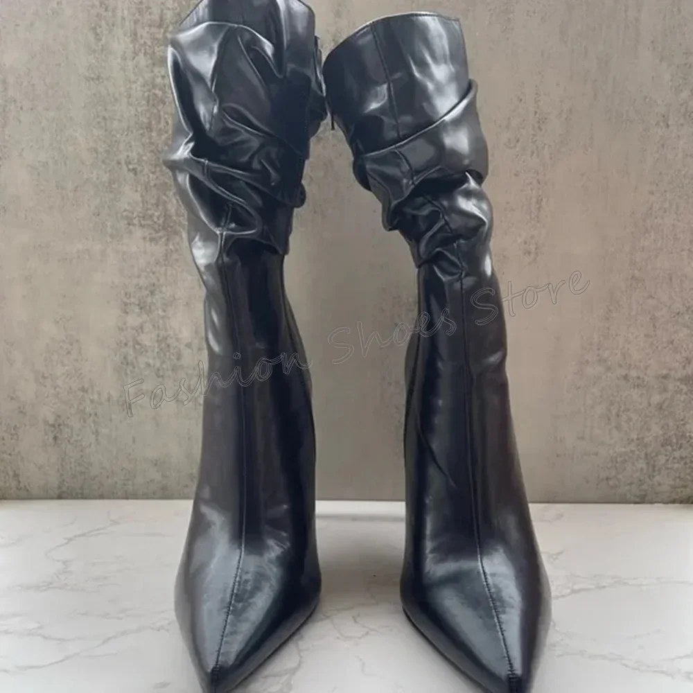 Zwarte Zijrits Geplooide Laarzen Puntschoen Dunne Hoge Hakken Hoge Hak Schoenen voor Vrouwen Mode Hakken 2025, Nieuwe Zapatos Para Mujere
