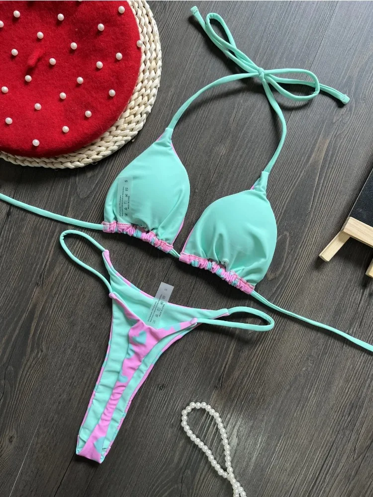 2025 Women Sexy Heart Print Bikini Set Halter Push Up Bra Triangle White Summer Bathing Suit Micro Swimwear Biquini Beachwear