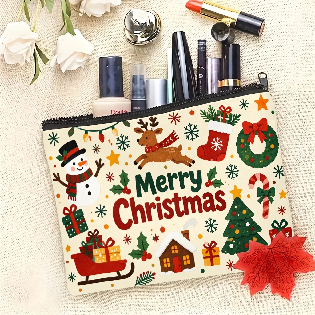 Christmas Makeup Bag Snowman Reindeer Xmas Tree Sock Wreath Gift Print Zipper Cosmetic Pouch Portable Storage Pouch Holiday Gift
