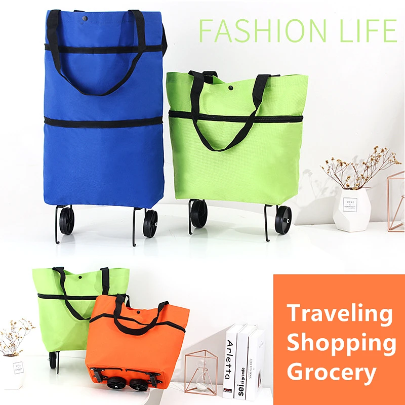 Foldable Trolley Shopping Bag with Wheels Portable Grocery Bag Large Reusable Supermarket Bag Travel Pull Cart Bag