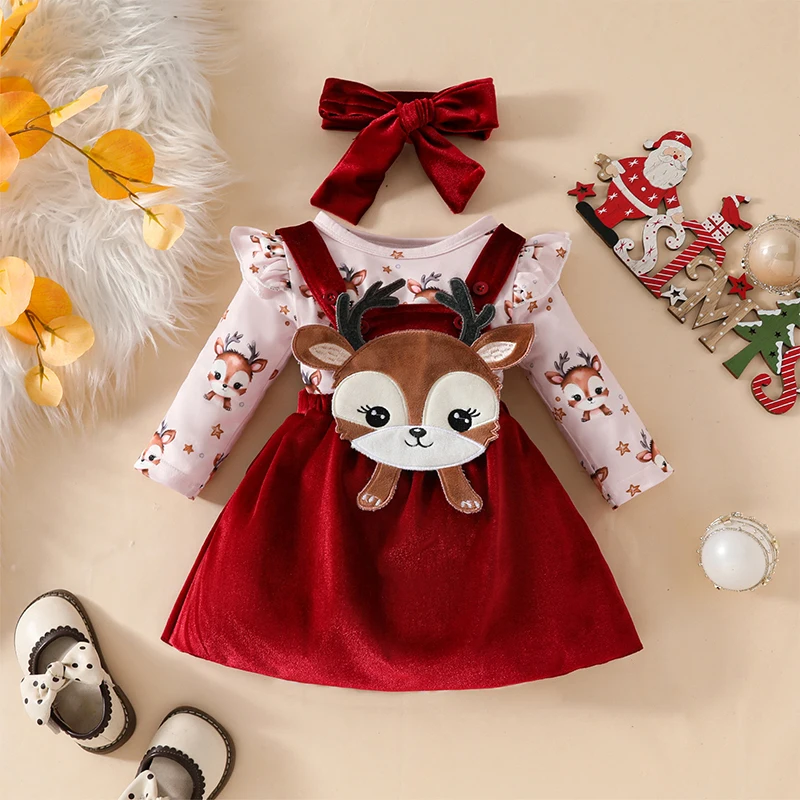 Newborn Baby Girl Christmas Outfit Reindeer Print Long Sleeve Romper with Overalls Skirt and Headband 3 Pcs Set 0-18 Months