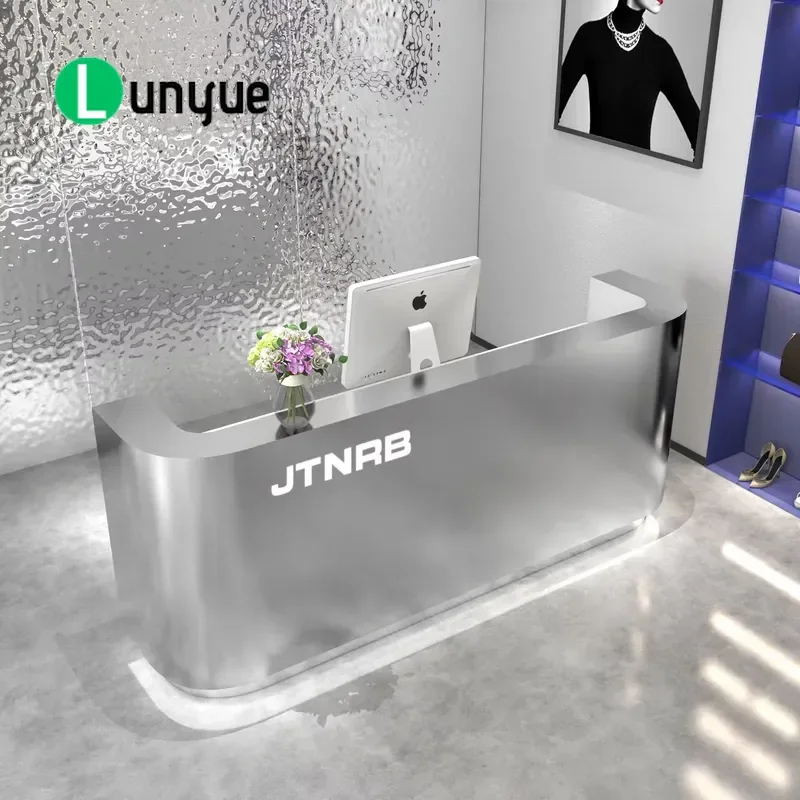 Commercial Modern Stainless Steel Reception Desk with LED Light Durable Quarter Round Front Counter for Mall Beauty