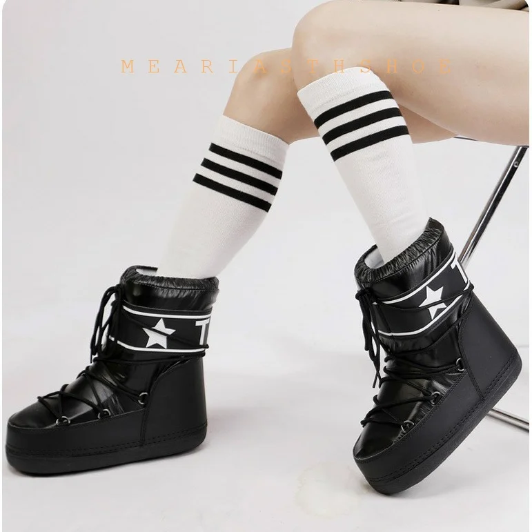 

2026 Новые зимние зимние ботинки, женские лыжные ботинки, утепленные хлопковые лыжные ботинки на платформе со средней икры, на плоской подошве с белыми буквами