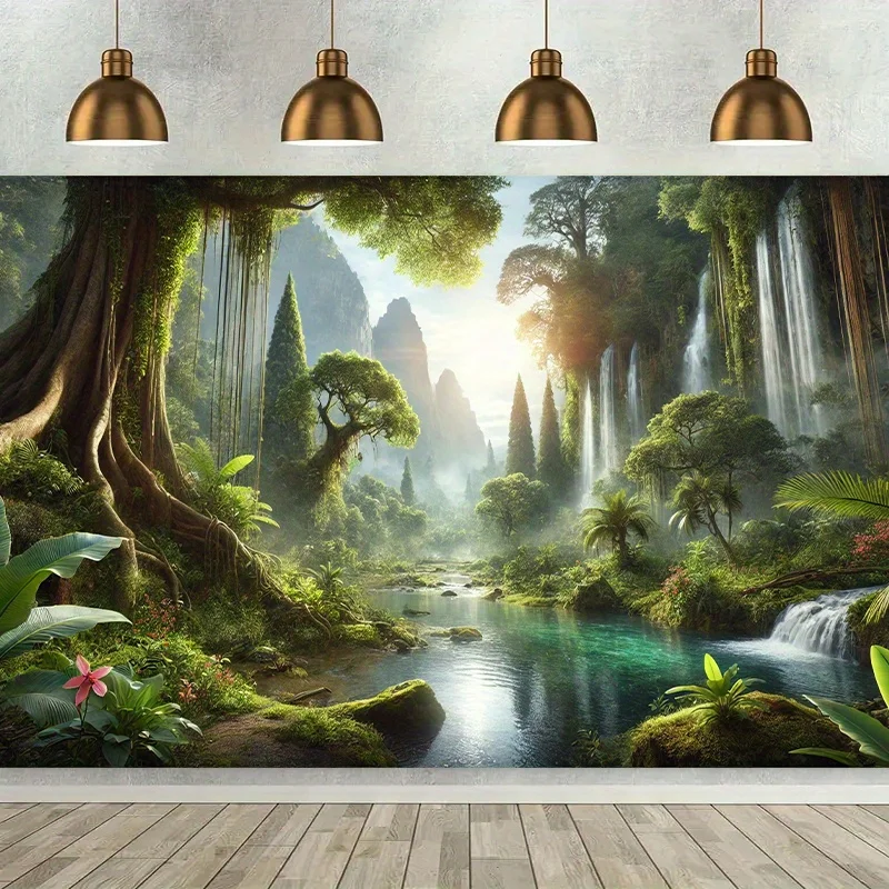 1 pièce d'arrière-plan cascade Tranquil et forêt lac-décoration murale en polyester, verdure luxuriante et paysage solaire
