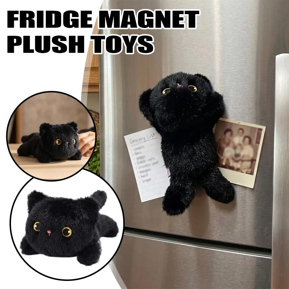Cute Plush Black Cat Fridge Magnet Soft Fluffy Cat Refrigerator Sticker Decorative Magnetic Ornament For Home Kitchen Decor Gift