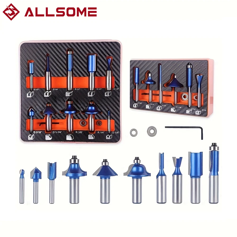 ALLSOME 1/4 In. Shank Carbide-Tipped Router Bits for Applications in Straight, Trimming, Decorative Edging, Dovetail Joinery