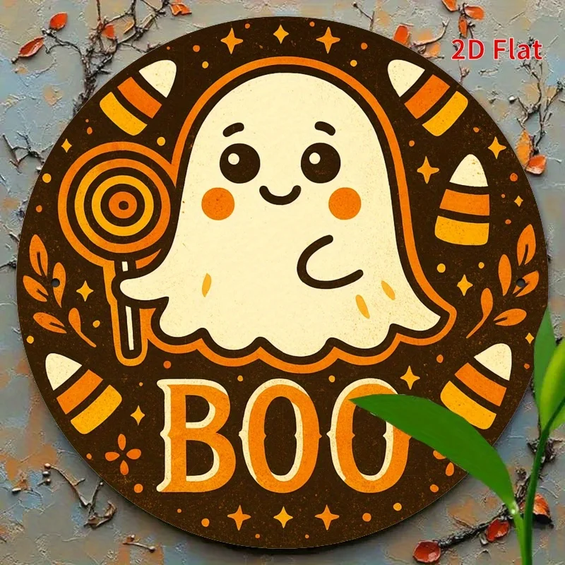

2D Flat, 2D flat printing, retro round iron sign- cute ghosts and candies, suitable for bedroom, dining room, living room