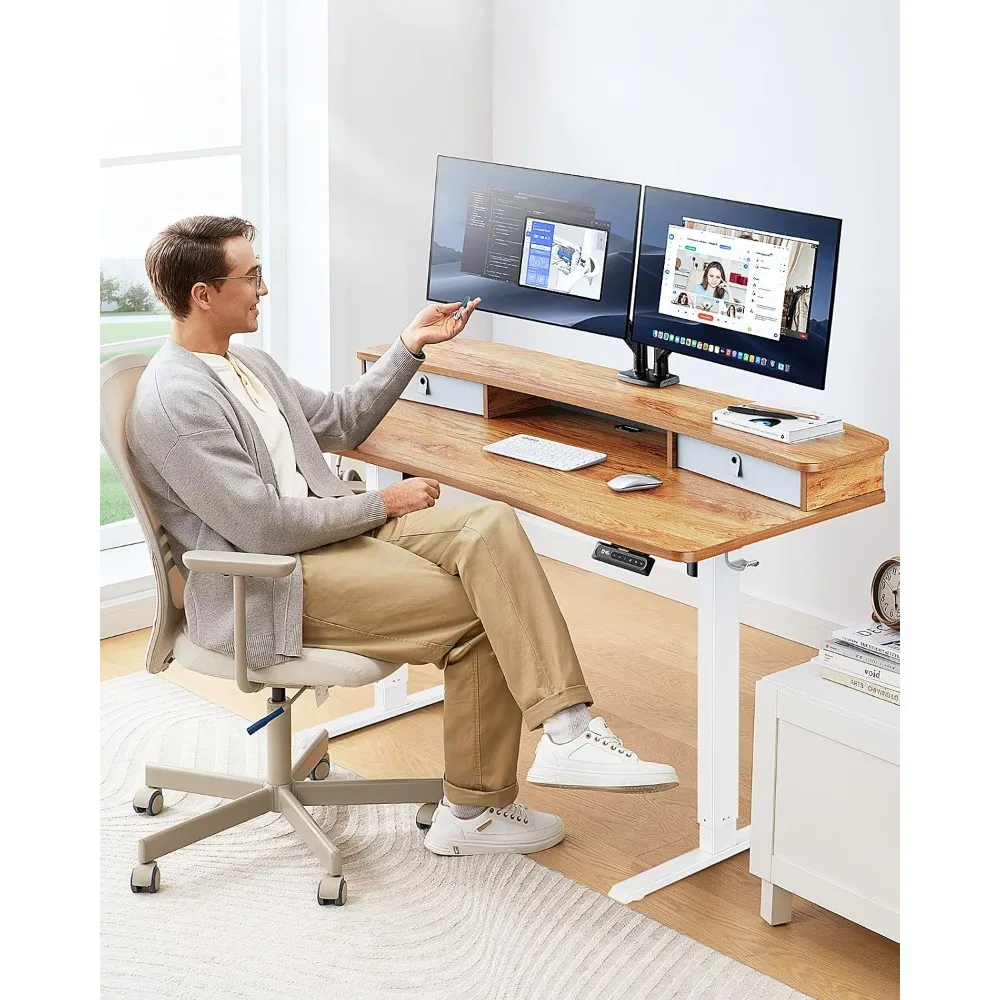 Electric Standing Desk 55 x 26 with 2 Drawers, C-Clamp Mount, 4 Heights, 2 Hooks, Light Vintage