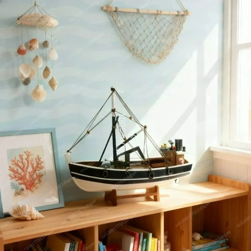 37cm Wooden Fishing Boat Model Vintage Hand‑crafted Vessel Ornament Antique Style Nautical Craft Seaside Coastal Home Tabletop