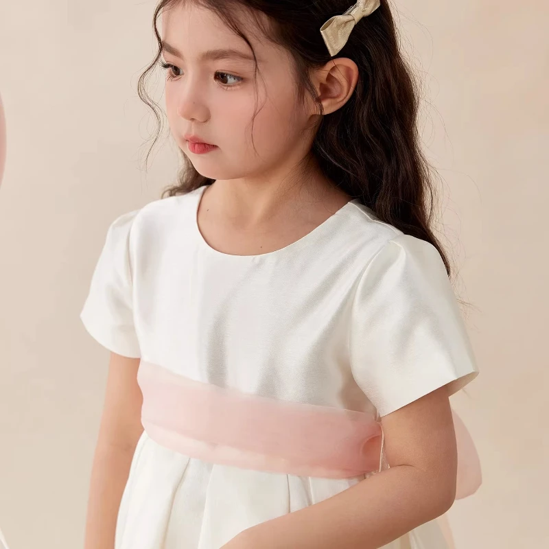 Ins Handmade Girls White Satin Dress Short Sleeve Boutique Princess Style Bow Premium Birthday Dress Kids Sweet Loita Dress