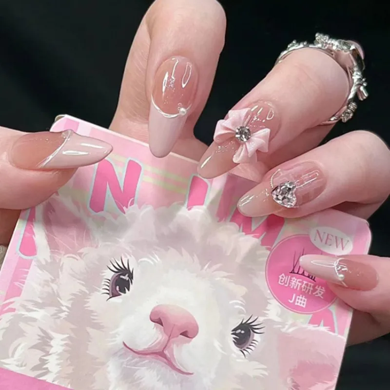 24 Uds uñas postizas francesas reutilizables para pegar 2025, lazo 3d en forma de corazón, diamantes de imitación, uñas postizas dulces de almendra, venta al por mayor