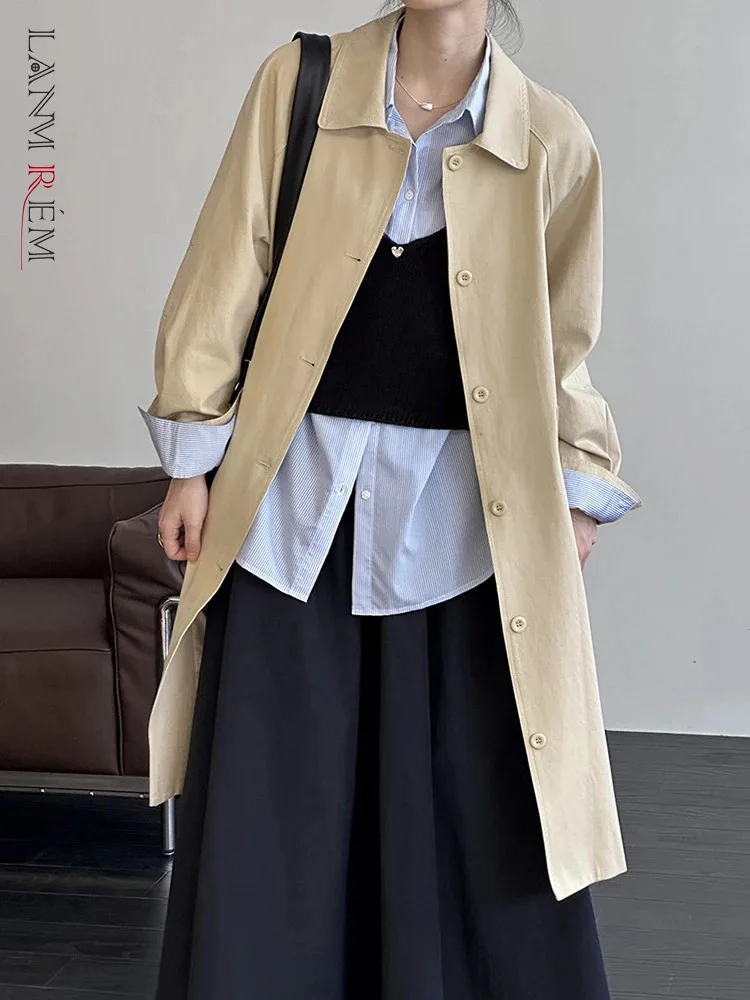 

[LANMREM] Vintage Lapel Mid-length Trench Women Single Breasted Long Sleeve Office Lady Fashion Windbreaker 2024 Autumn New