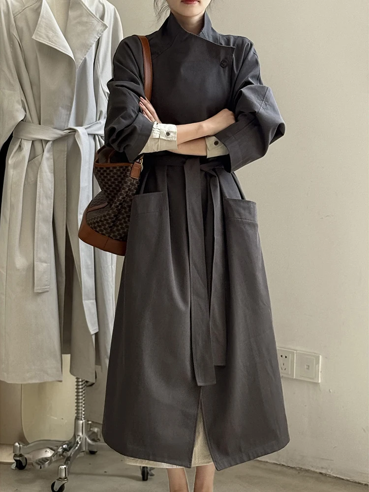 FANAN غير النظامية الوقوف الرقبة طويلة خندق للنساء حزام تجمع الخصر سترة واقية مكتب سيدة معاطف الإناث 2025 الخريف جديد