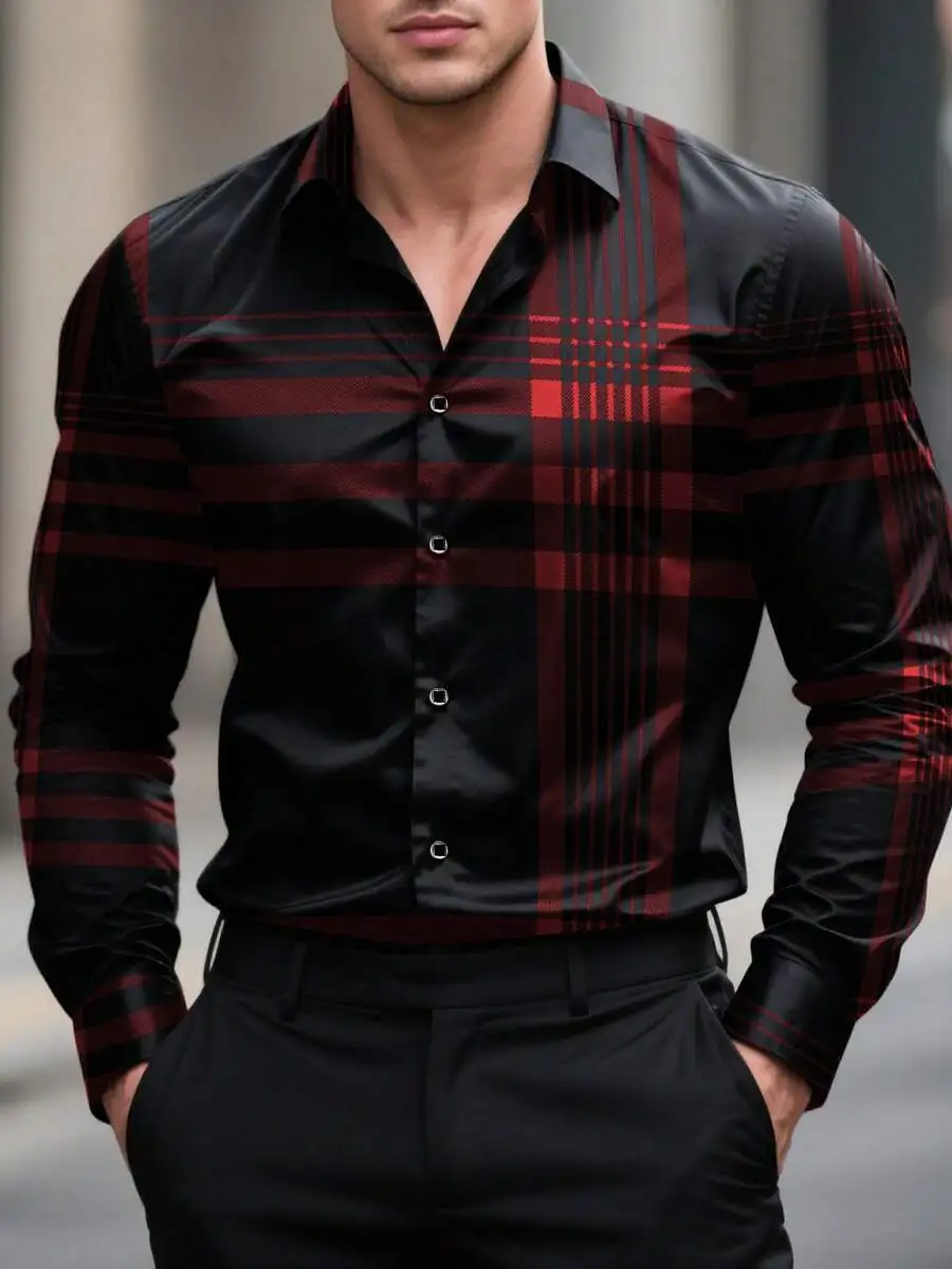 

Men's Asymmetrical Red Black Plaid Button-Down Long Sleeve Shirt