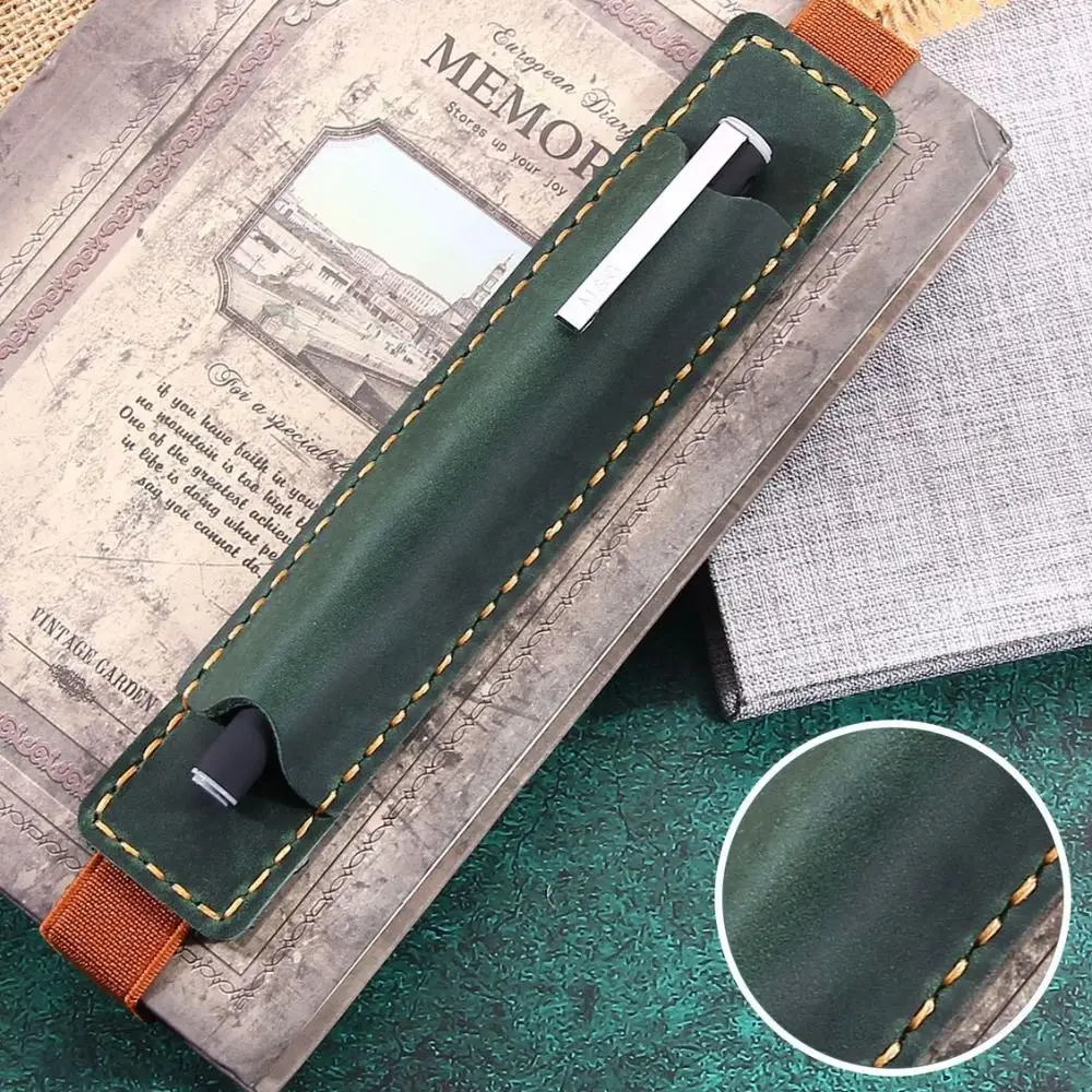 

Top Leather Leather Pencil Bag Elastic Band Protective Cover Pen Case Holder Handmade Crazy Horse Leather Portable Pen Pouch
