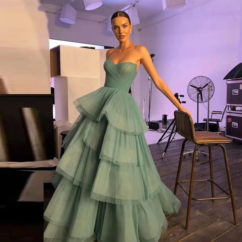 Women Strapless Sweetheart Tulle Dresses Pleated Bodice Tiered Ruffle Floor Length Evening Prom Party Formal Gown
