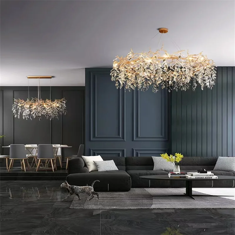 Crystal Pendant Lamp Dining Room Round Branches Simple And Atmospheric Home Decoration Light Luxury Villa Luxurious Living Room