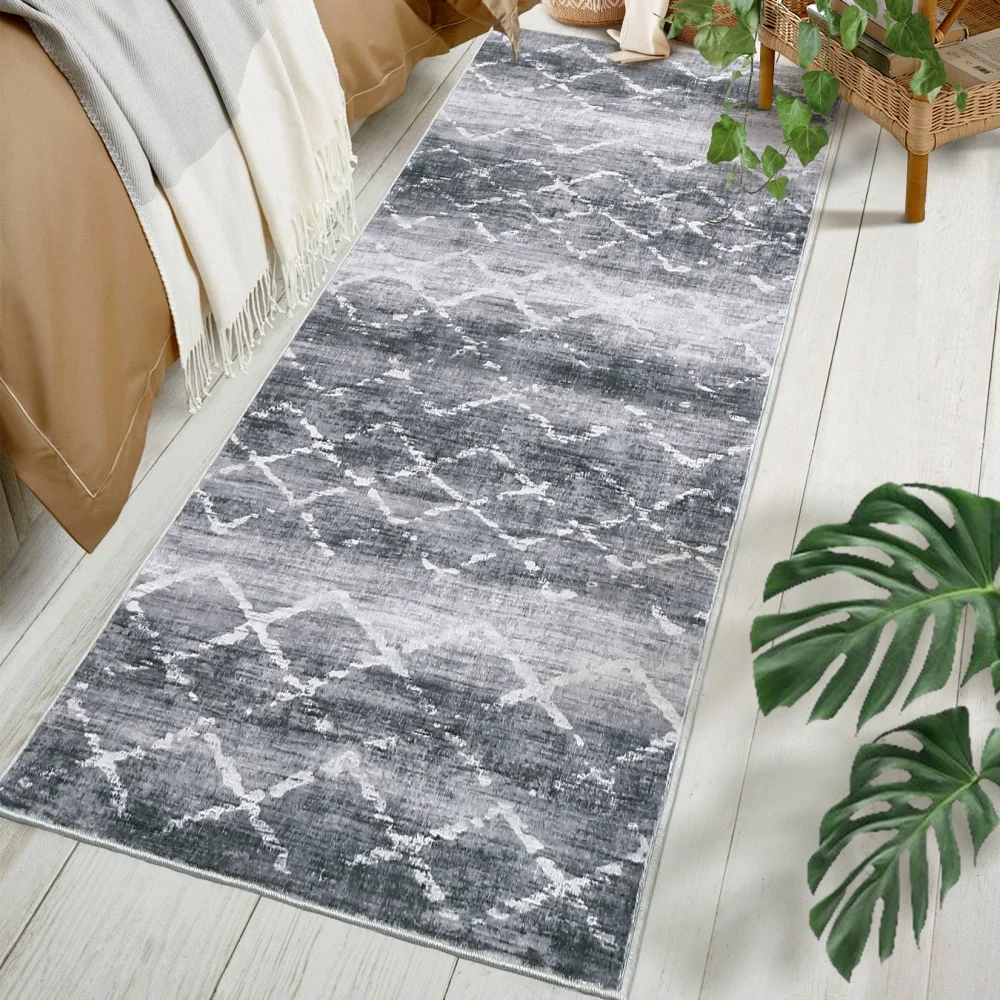 Machine Washable Rugs 2x6ft Abstract Grid Rug for Living Room Modern Area Rug Low Pile Neutral Soft Rug Farmhouse Floor Cover