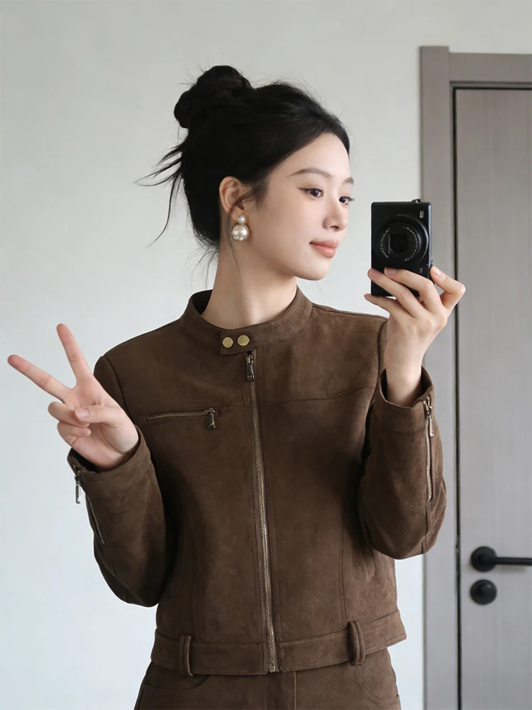 

Ретро-американская коричневая мотоциклетная куртка для женщин, короткий рукав, весна 2026, новая модель, маленький размер, модная верхняя одежда