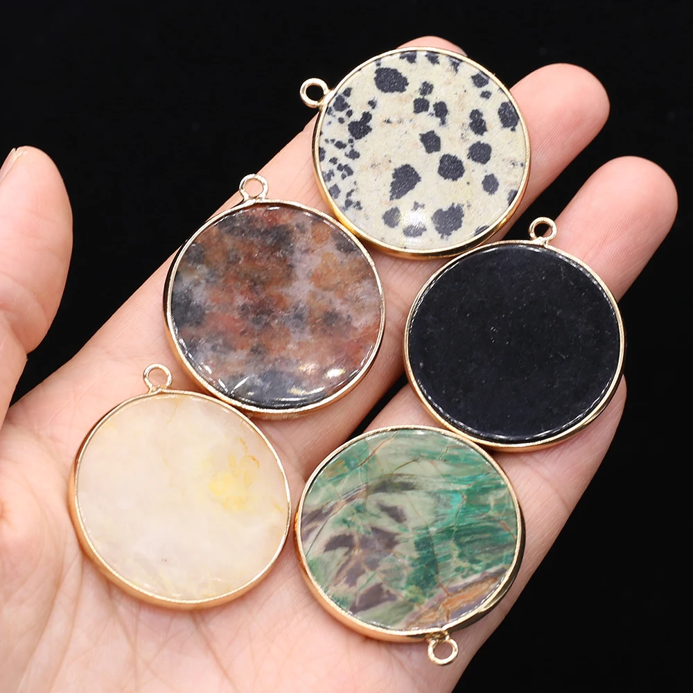 31x36mm Natural Gem Stone Pendant Disc Shape Rose Pink Quartz Dalmatian Jasper Charms for Jewelry Making DIY Necklace Accessory