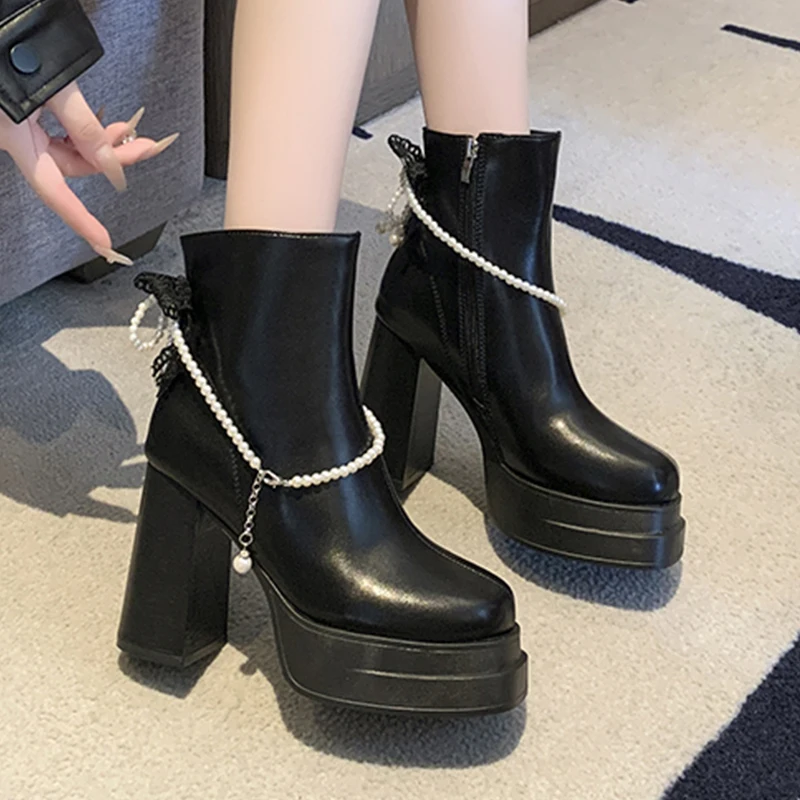 مطرز النساء حذاء من الجلد أحذية عالية الكعب منصة الأحذية الجلدية 2025 شتاء جديد فستان أنيق أحذية مثير مضخات تشيلسي الأحذية #4