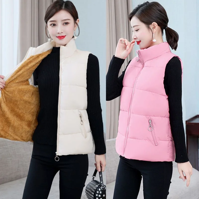 2024 Autumn Winter Women Solid Loose Vest Stand Collar Long Vest Jacket Cotton Padded Women Windproof Warm Waistcoat 5XL