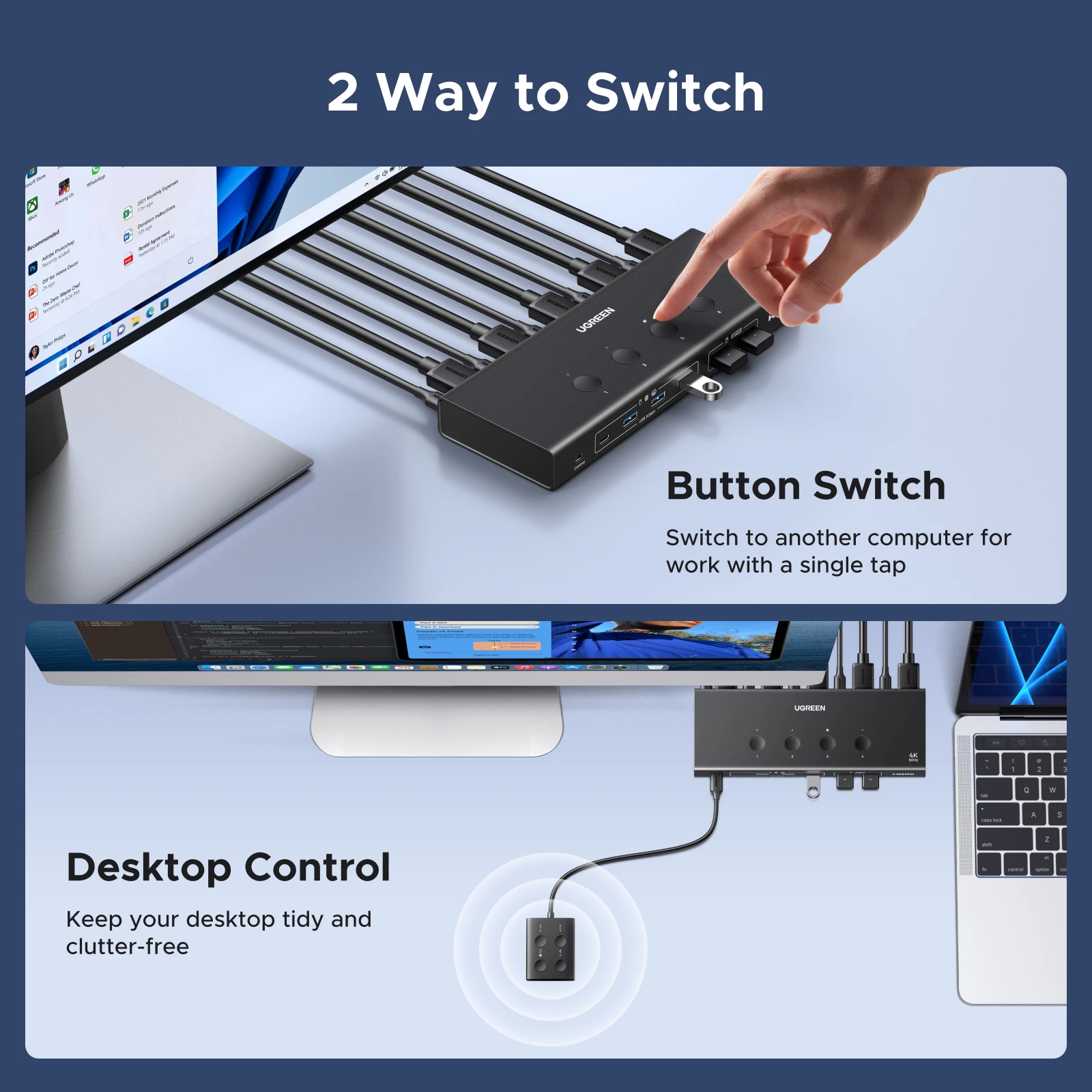 UGREEN HDMI KVM Switch 4 in 1 Out 4K@60Hz Switch with Remote Control USB 3.0 5Gbps Ultra-fast Transfer Monitor Keyboard Mouse - view 6