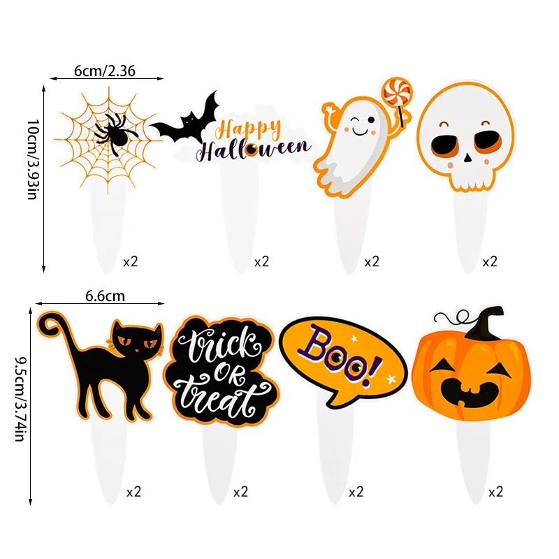 16/48pcs Halloween Cupcake Toppers Cartoon Pumpkin Ghost Bat Cake Dessert Decoration Kids Halloween Birthday Party Supplies Gift