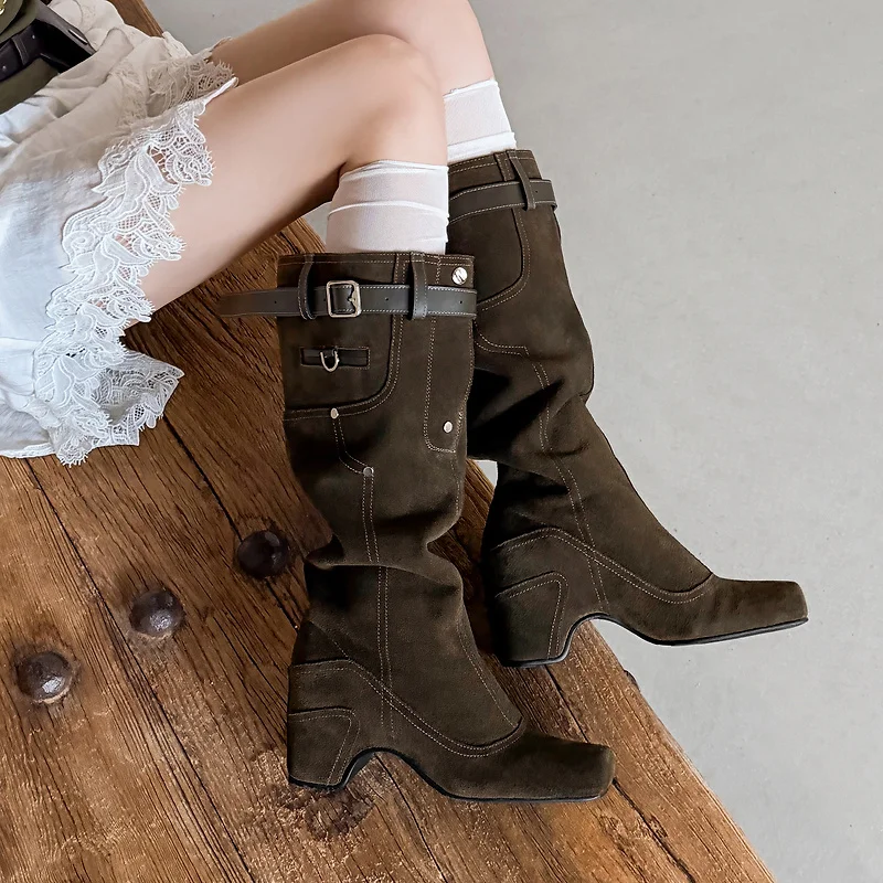 Women Knee High Western Boots Square Toe Buckle Strap Slouch Stacked Block Heel Pull On Vintage Cow Leather Fashion Boot F621