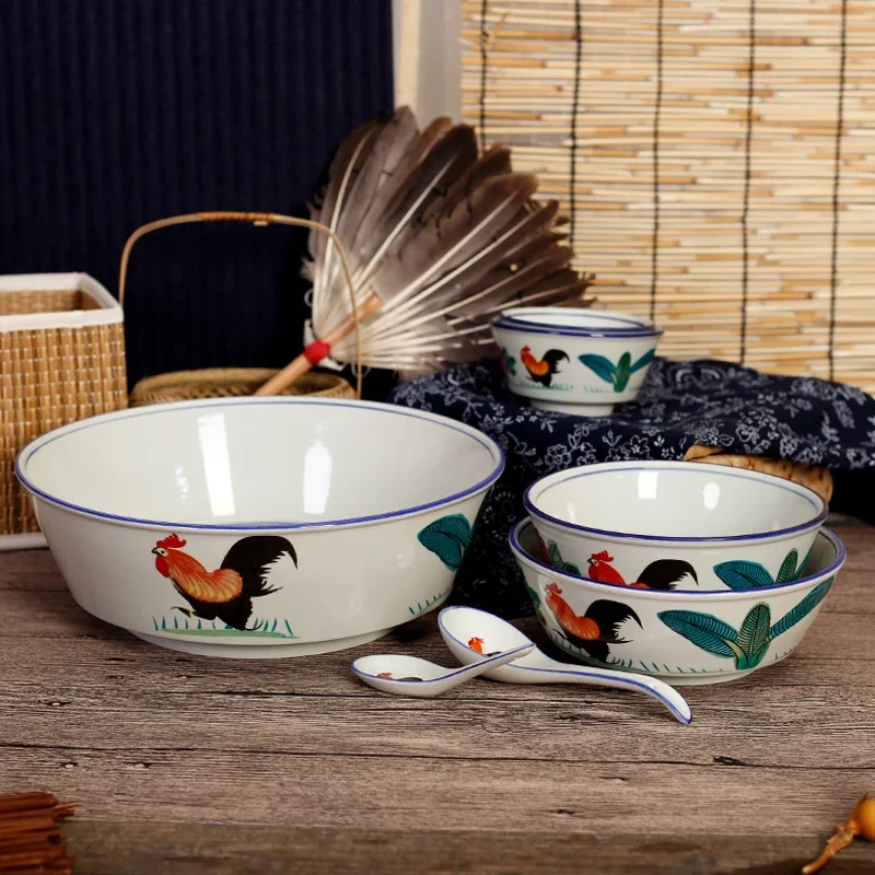 Chinese Characteristic Ceramic Chicken Bowl Bamboo Hat Palace Trumpet Retro Chicken Rice Big Lamian Noodles Bowl Tableware