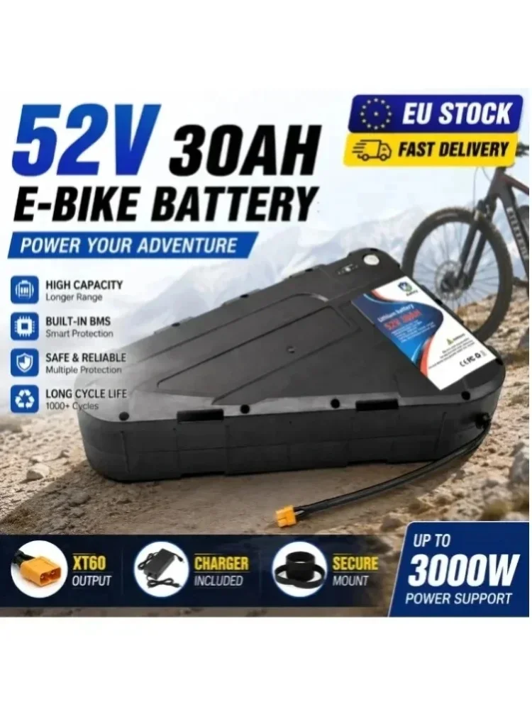 48V 52V E-Bike-Akku 20Ah-40Ah Hochleistungs-Lithium-Akku für Elektro-Mountainbike Fatbike MTB 500W 1000W 2000W 3000W Motor Langstrecken-Stromversorgung Ersatzakku EU Polen Lager