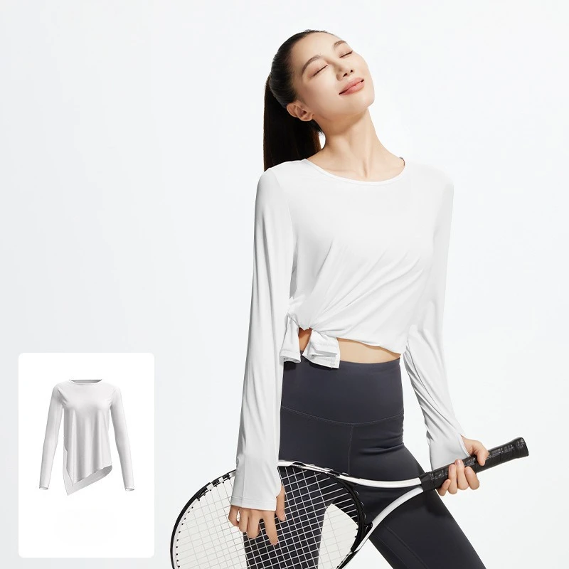 Breathable Ice Silk Yoga Blouse 2025 Spring - Cooling Long Sleeve Loose Fit Split Hem Cover Up Top for Hot Yoga Practice S-XXL