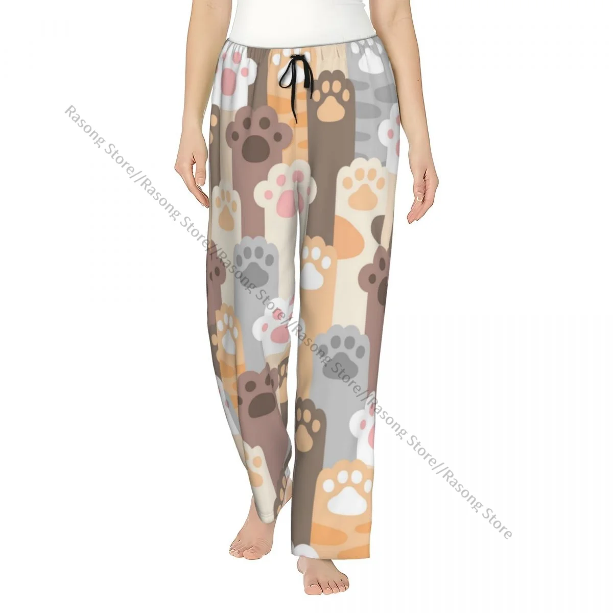 

Warm Women Pajama Pants Cat Paw Footprint Flannel Sleep Bottoms Soft Fleece Loungewear