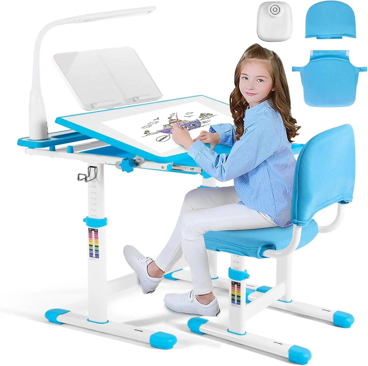 hand Kids Study Desk and Chair Set Height Adjustable Children School Girl Table Large Writing Board Desk with LED Lamp Pull Out