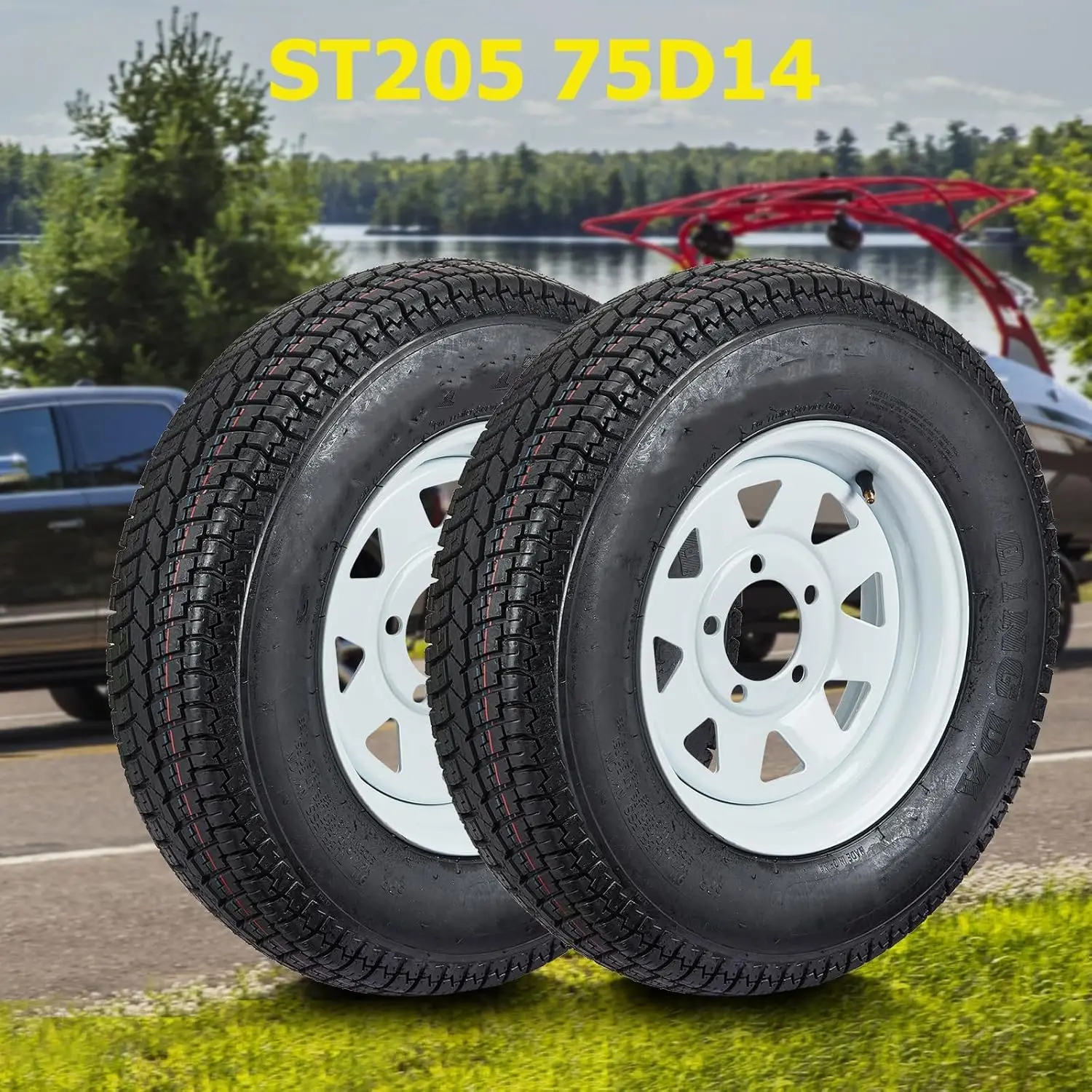 

2PCS Trailer Tires with Wheels ST205/75D14, 6PR Load Range C 5 Lug Wheel White Spoke Fuel-Efficient Cargo Utility Trailer Tires