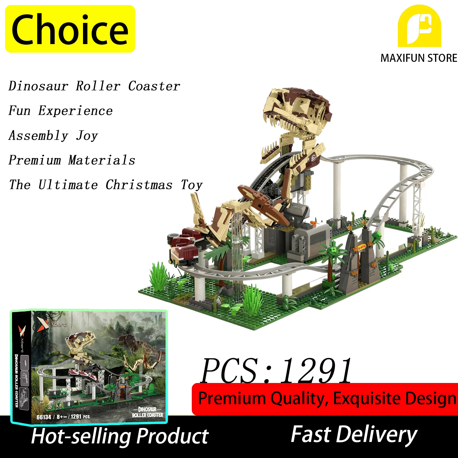 MOC 1291PCS Dinosaur Roller Coaster Building Blocks Motorized Model Kit Home Decor Christmas Gift for Adults Kids
