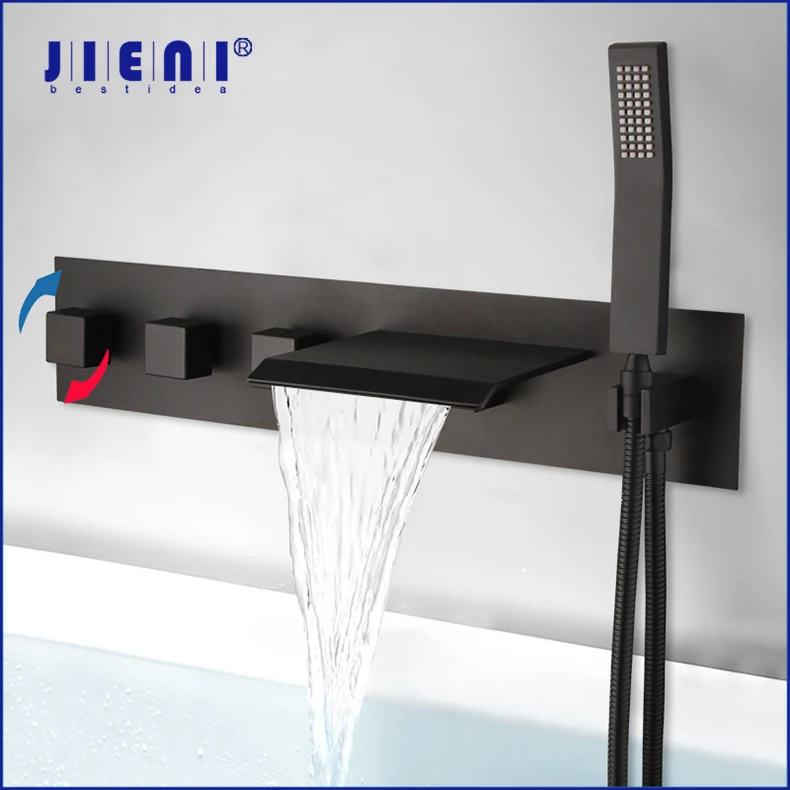 

JIENI матовый черный высококачественный смеситель для ванны, латунный настенный смеситель с ручным душем, водопад, двойной функциональный смеситель для горячей и холодной воды