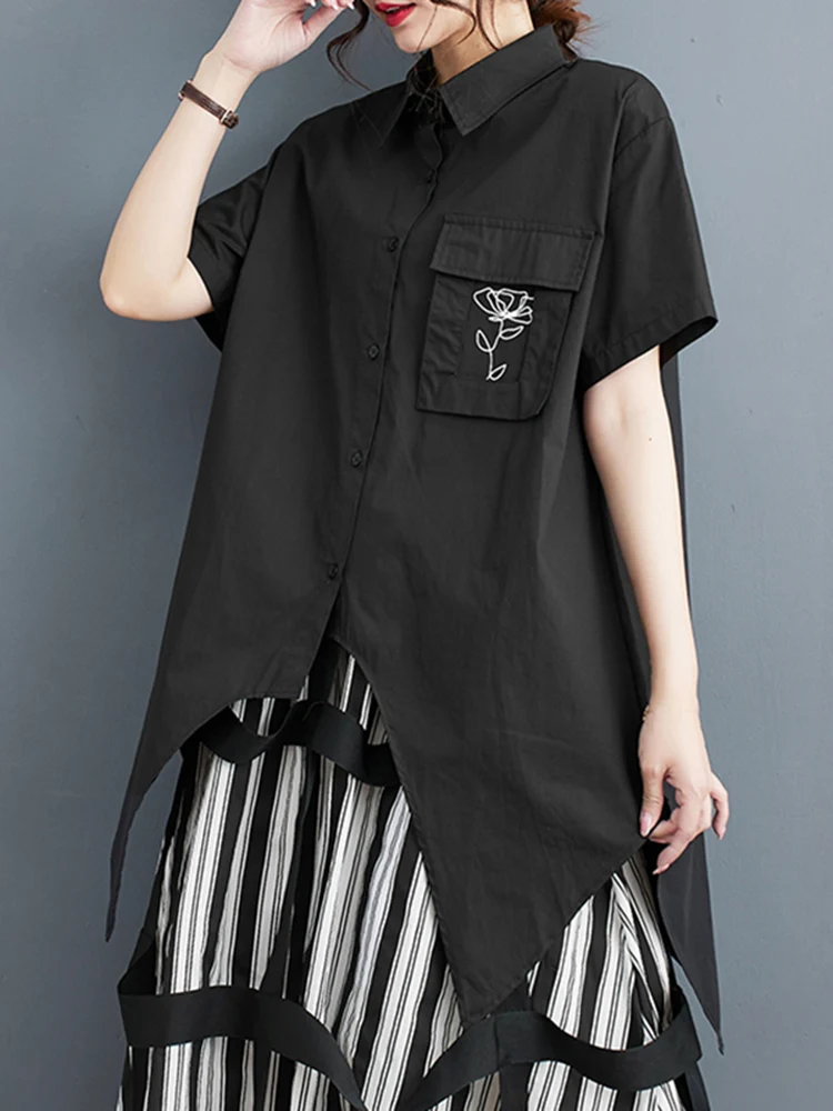 Irregular Black Vintage Print Oversized Shirt Women Short Sleeve Pocket Loose Casual Blouse Top Fashion Clothing New Summer 2024