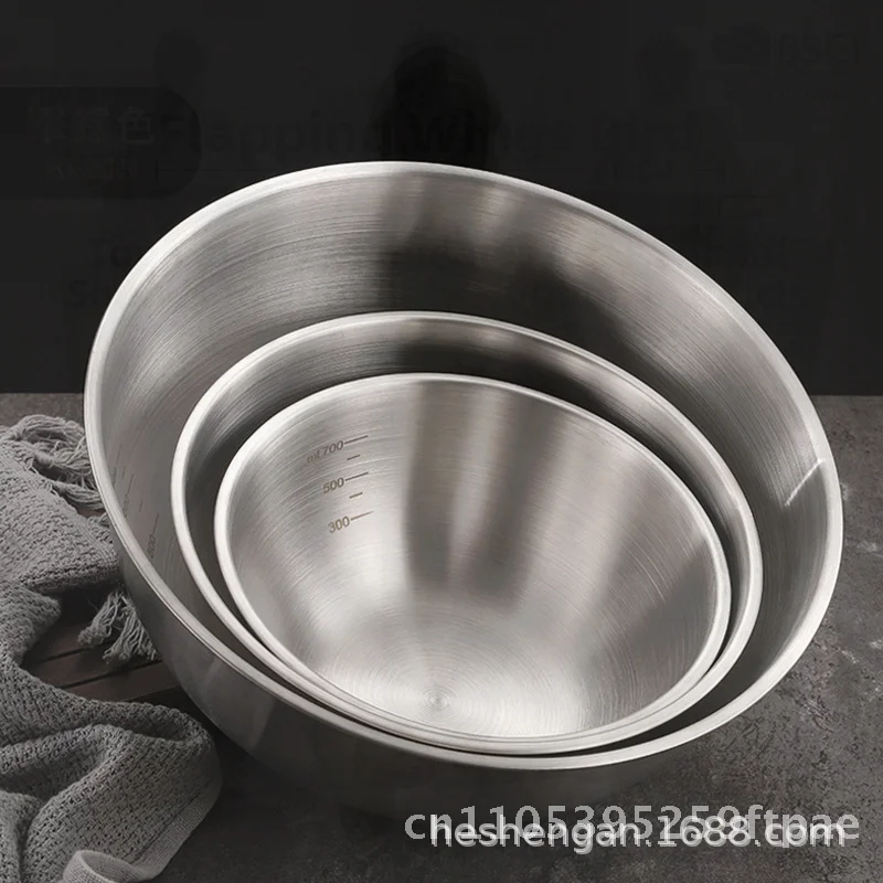 304 Stainless Steel Cold Noodles Bowl High Color Value Household Fruit Salad Bowl with Scale Rice Mixing Bowl