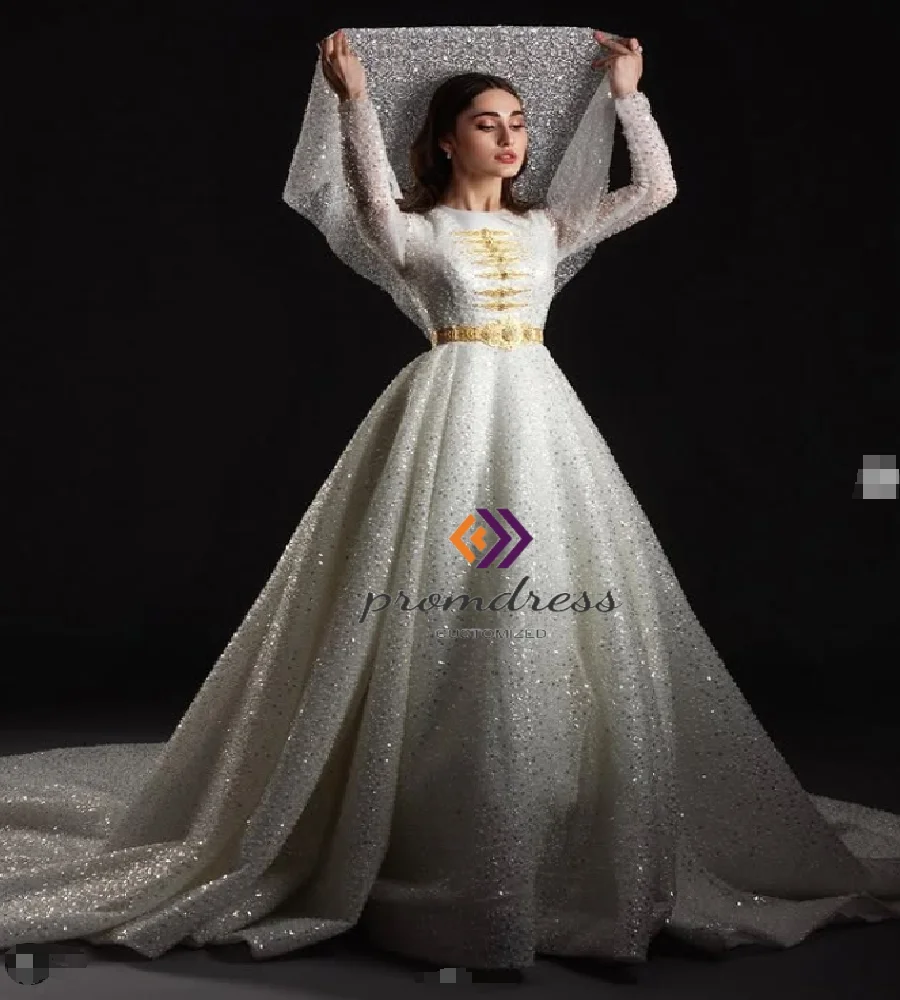 Sparkly Sequins Caucasian Wedding Dress High Neck Turkish Muslim Bride Dress Long Sleeve Pagan Arabian Bridal Gown Catholic 2025