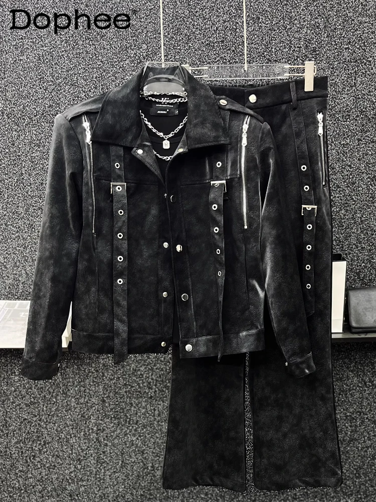 

Men's 2025 Autumn Winter New Fashion Trendy Faux Leather Jacket Pants Sets High-End Short Style Ribbon Faux Leather Jacket 2pcs