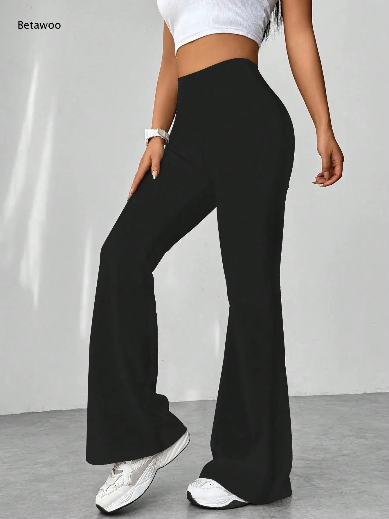 Women High Waist Flare Pants Soft Stretchy Bell Bottom Long Trousers Plaid Multiple Colors Casual Daily Pants