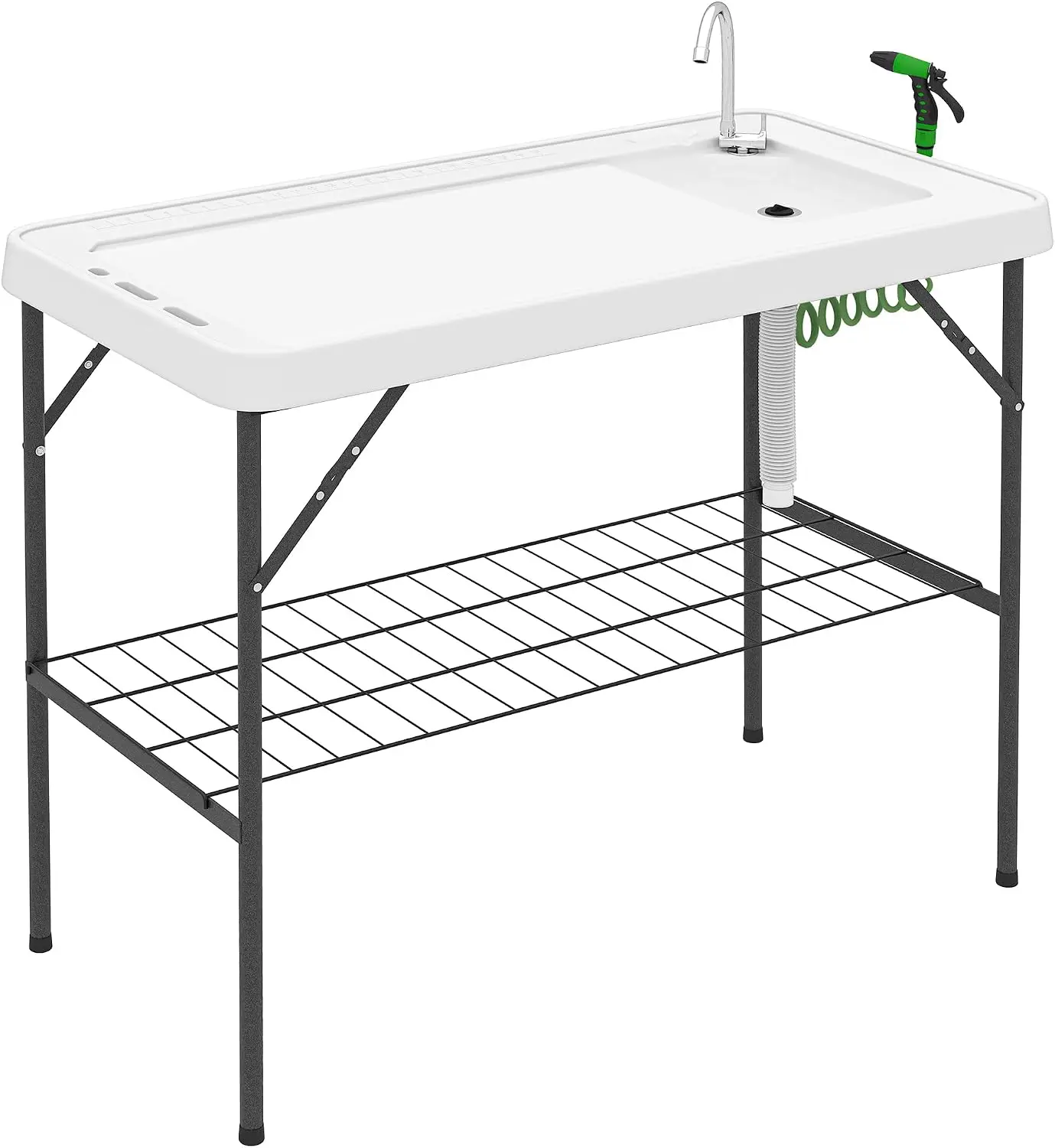 Mesa Plegable para Limpiar Pescado, Estación de Lavado Portátil para Camping con Grifo y Manguera de Drenaje, Mesa de Fileteado para Exteriores, para Picnic, Playa, Patio, Barbacoa, Blanca