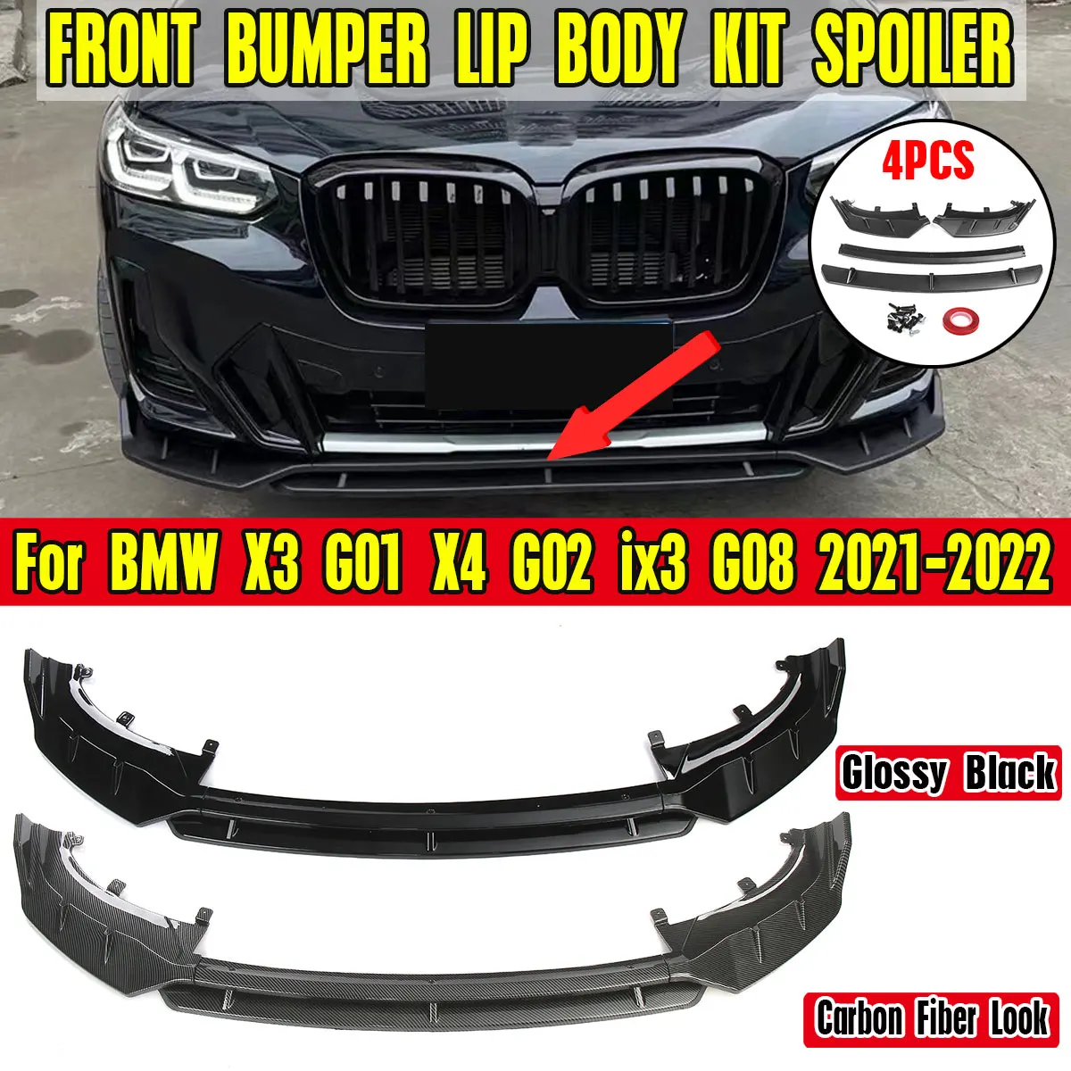 

4Pcs Car Front Bumper Splitter Lip Spoiler Body Kit Bumper Diffuser For BMW X3 G01 X4 G02 ix3 G08 2021-2022