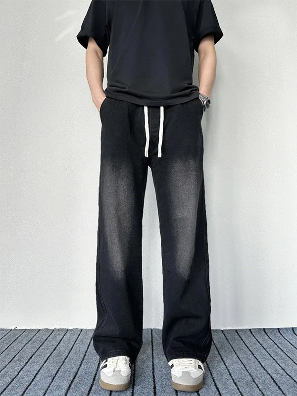 

Waed Vintage American High Street Jeans Men's Elastic Waist Straight Leg Trendy Haome Casual Wide Leg Long Trousers
