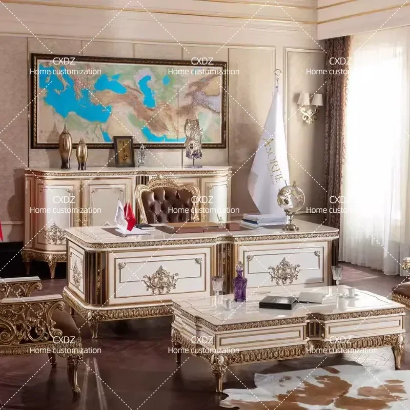 European solid wood desk French luxury villa study furniture home carved writing desk computer desk