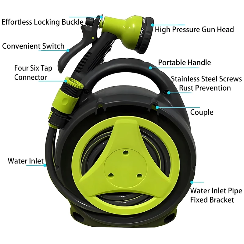 Portable Retractable Hose Reel Garden Crops Irrigation Multifunctional Water Gun For Car Wash Pet Cleaning Water Pipe Storage