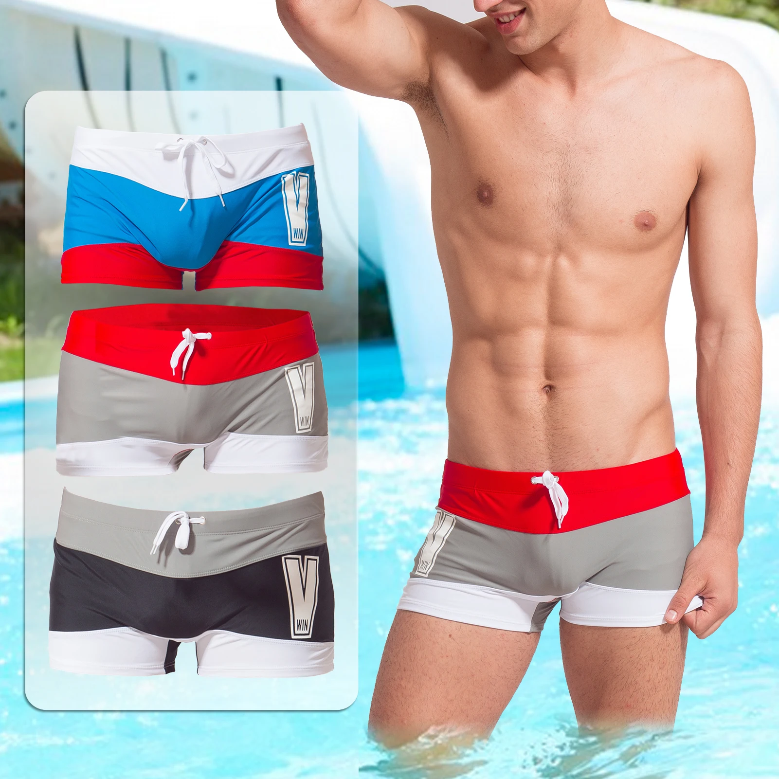 Pantaloncini da bagno maschili ad asciugatura rapida con coulisse lettera costume da bagno da uomo Boxer pantaloncini da bagno con gamba quadrata Diving/Beach/tute da surf