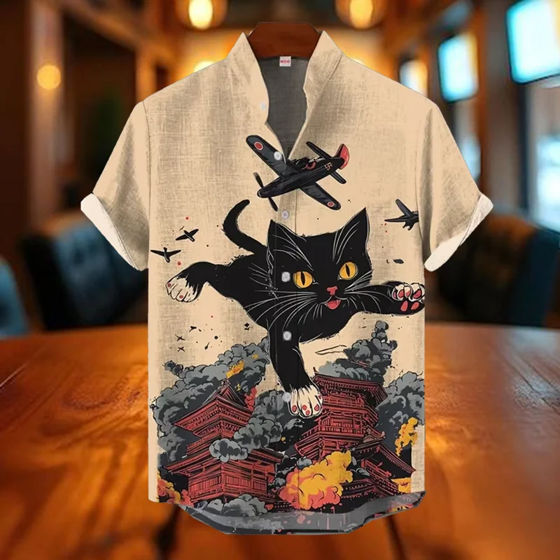 

Japanese Animal Graphic Men's Shirt Summer Casual Short Sleeve Tops Retro Cat Flying Shirts Men Oversized Button T-Shirt Man