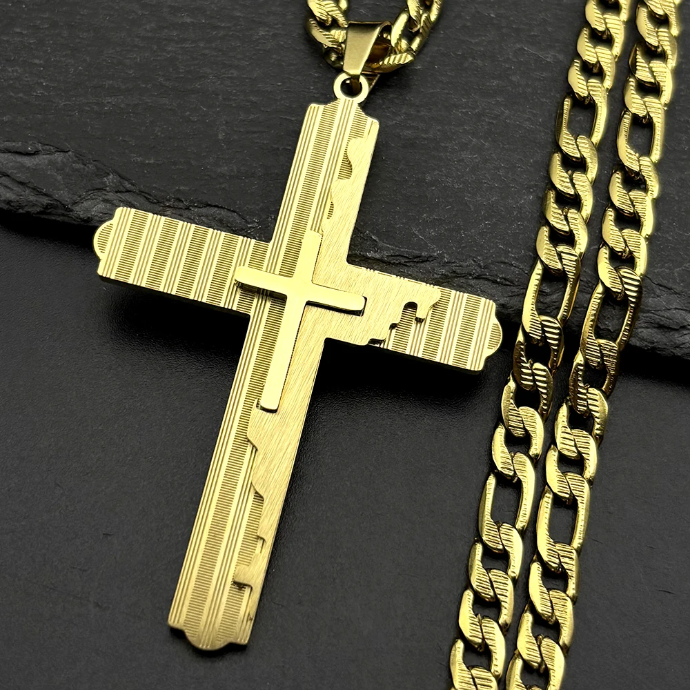 Edelstahl Doppelschicht Kreuz Anhänger Halsketten für Männer Frauen Gold Silber Farbe Hip Hop Kette Christian Halskette Schmuck